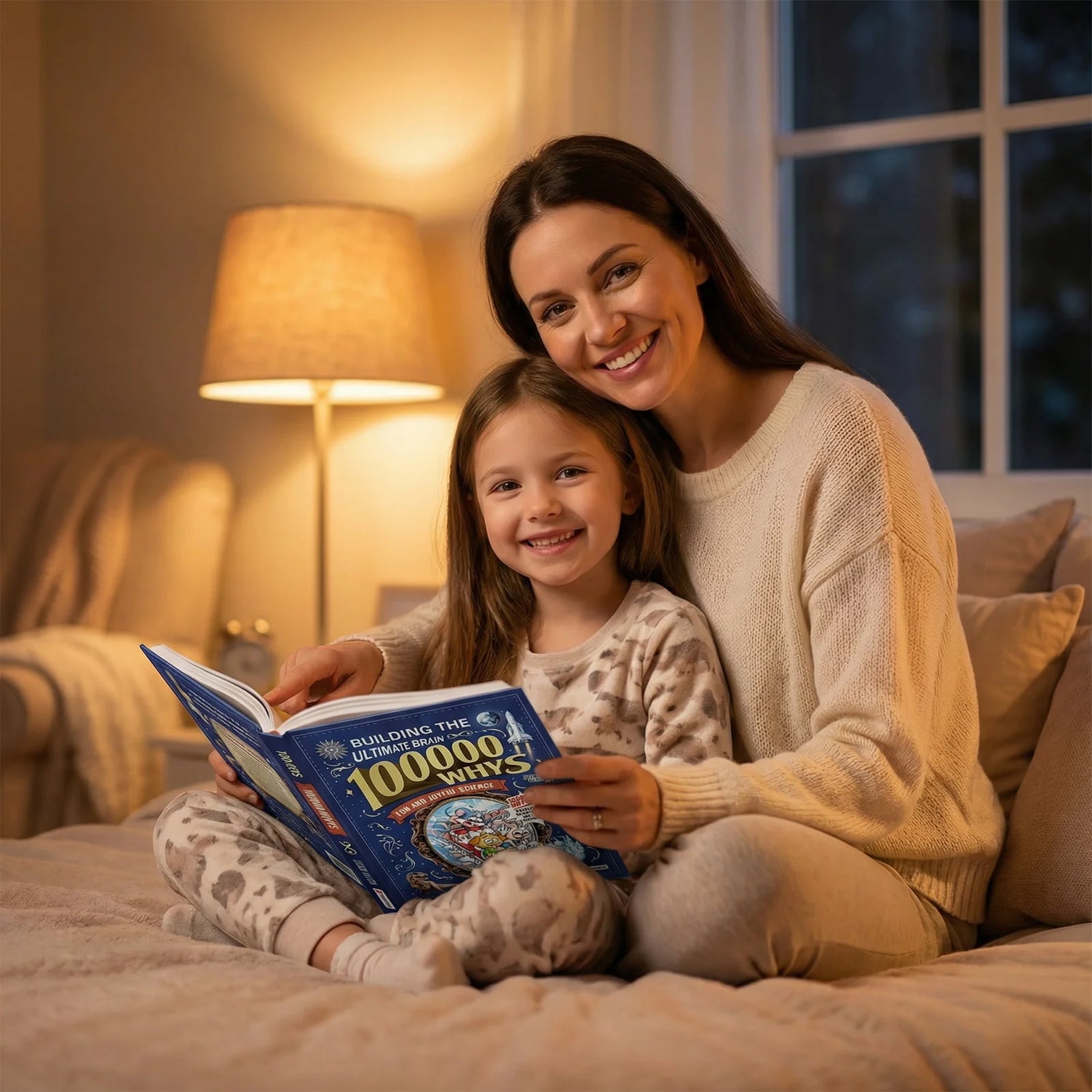 Woman and child reading a book together on a bed in a cozy room.